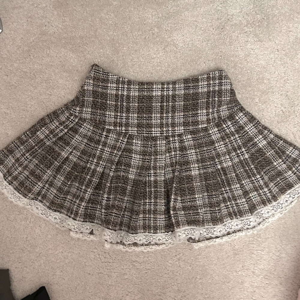 coffee/mocha kawaii pleated tweed lace trim skirt